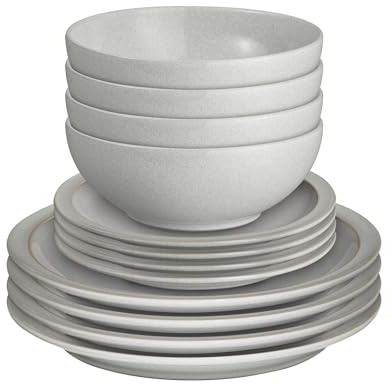 Denby - Dove Grey Dinner Set for 4-12 Piece Ceramic Tableware - Dishwasher & Microwave Safe Crockery - Hand Glazed Stoneware Plate & Bowl Set - Includes 4 x Dinner Plates, Small Plates, Cereal Bowls
