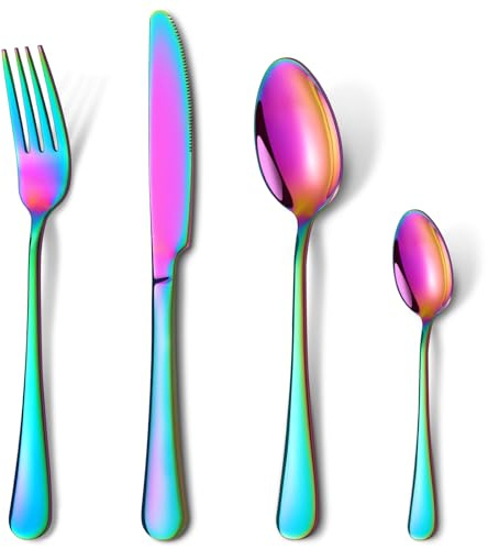 32 Pieces Rainbow Cutlery Set, HONKKU Stainless Steel Flatware Silverware Sets, Classic Knives Forks and Spoons, Service for 8 People, Colourful Mirror Polished, Dishwasher Safe