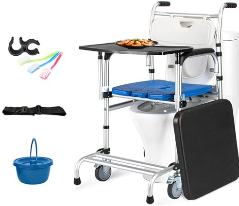 Toilettenstuhl mit Rollen Höhenverstellbar, Duschstuhl Fahrbar Faltbar Bis 150 kg, Rollbadstuhl für Behinderte und ältere Menschen für Kranke ältere Behinderte und Schwangere Frauen E
