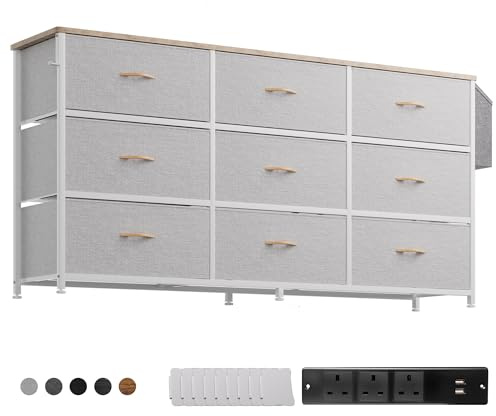 PURFINO Kommode mit Stoffschubladen - Großer TV-Ständer für 43-60 Zoll Fernseher mit 9 Schubladen, Etikettenkarten, Seitentasche & Haken, Stoffkommode für Wohnzimmer, Flur, Schlafzimmer