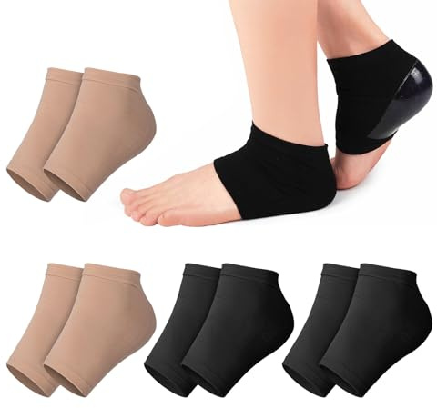 4 Pairs Gel Silicone Protector Socks & Heel Cups for Plantar Fasciitis & Cracked Heels, Protector Ankle Support for Men/Women (Black, Skin Color)
