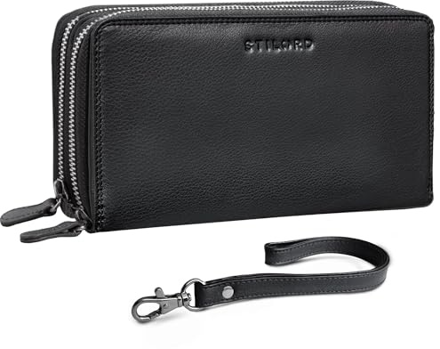 STILORD Thor XXL Leder Portemonnaie Herren Lang Doppelter Reißverschluss RFID & NFC Große Brieftasche 25 Kartenfächer Handgelenktasche Echtleder Clutch mit Handschlaufe Farbe:schwarz