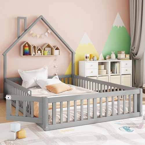 Kinderbett 140x190 Bodentief Hausbett Bodenbett mit Vollschutzgitter Türen und Rausfallschutz, Schornsteinform Design, Jugendbett Doppelbett Flachbetten Bettgestell Baumhaus Bett mit Lattenrost, Grau