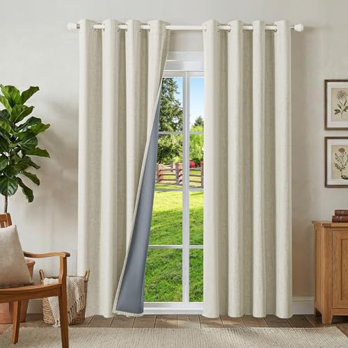 Runyéla 100% Rideau Occultant Thermique Isolant Anti Chaleur 140x220, Lot de 2 Lin Rideaux Fenêtre Opaques à Oeillets Beige Clair Anti Froid UV Bruit, Intérieurs Decoration Dressing Salon Chambre