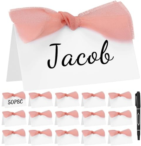 Marspark 50 Pcs Wedding Name Cards Wedding Bow Place Cards for Table Setting 2x3.5 in Tent Name Blank with Pen for Bridal Shower Baby Shower Dinner Birthday Parties(Pink)