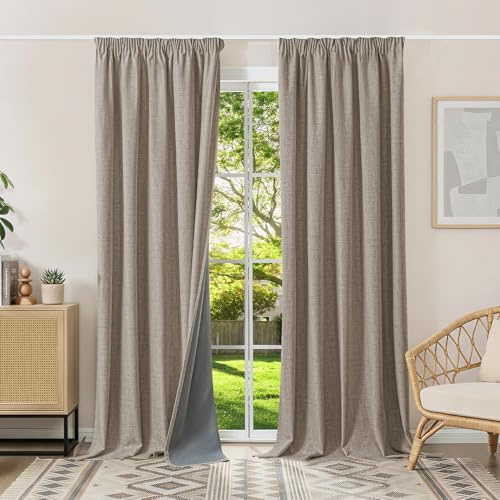 Runyéla 100% Verdunklungsvorhänge Thermovorhänge Kälteschutz Gardinen mit Kräuselband 260 x 140 cm (HxB) 2er Set Leinenoptik Vorhänge Blickdicht Leinen, Schiebegardinen Wohnzimmer Curtain