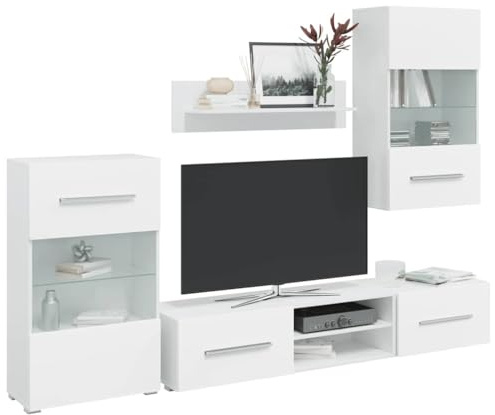 Emmtore 5-TLG. Wohnwand mit LED-Beleuchtung Mattschwarz Holzwerkstoff, TV-Möbel, Medienwand, Medienschrank, Anbauwand, Entertainment-Möbel Mattweiß