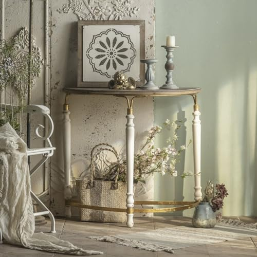 TUPAFJU Tavolo consolle retrò a mezzaluna in legno e ferro, tavolo decorativo semicircolare per divano, tavolino laterale stretto, per ingresso, corridoio, soggiorno, giardino(White)