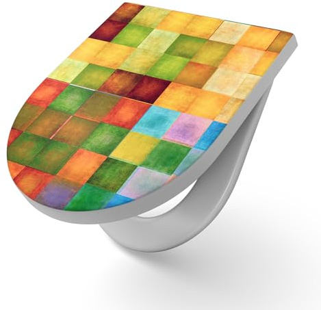 DEQORI Sedile WC con motivo quadrati colorati colorati | sedile WC in Duroplast | formato 36,4 x 45,4 cm – occhialini antibatterici per WC a forma di D con coperchio, facile da pulire e decorativo