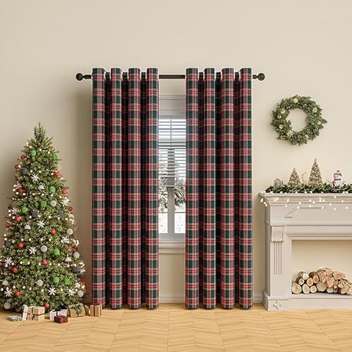 Rosnek Eyelet Curtains, W52''xH63'' Tartan Curtains for Living Room Bedroom, Eyelet Thermal Semi-Shading in Striped Curtain, Soft Decorative Woven Check(Red & Green Plaid, 2 Pieces)