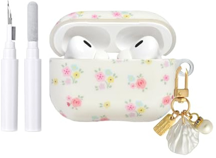 Reownest Hülle für AirPods Pro 2 mit Reinigungsset, Süßes Blumendesign mit Eleganten Blüten, Weiche TPU Schutzhülle für Mädchen Frauen, Kompatibel mit AirPods Pro/Pro 2. Generation – Weiß