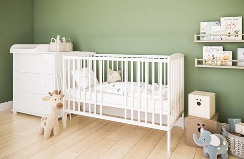zee Set Cuna para Bebé 120 x 60 cm Blanca 2 en 1 con Barandilla de Seguridad y Cómoda Cambiador Classic de 3 Cajones Habitación Infantil