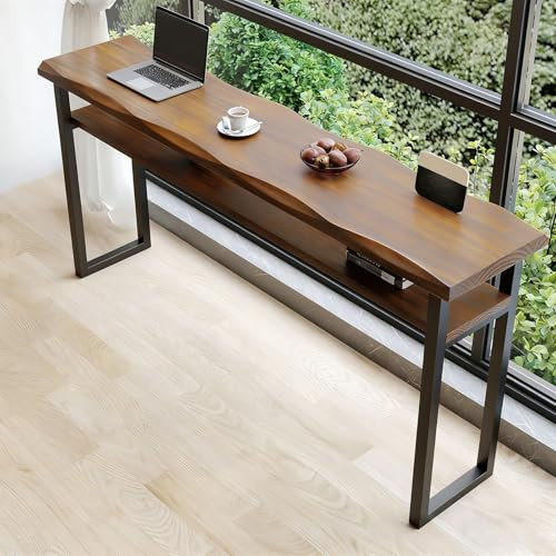 Smalt Barbord, Dubbelt Lager Massivt Trä, Bänkhöjd, Köksmatbord med Metallfäste, för Vardagsrum, Hall, Fikautrymme, Fönsterområde(160x40x105cm/63x16x41in)