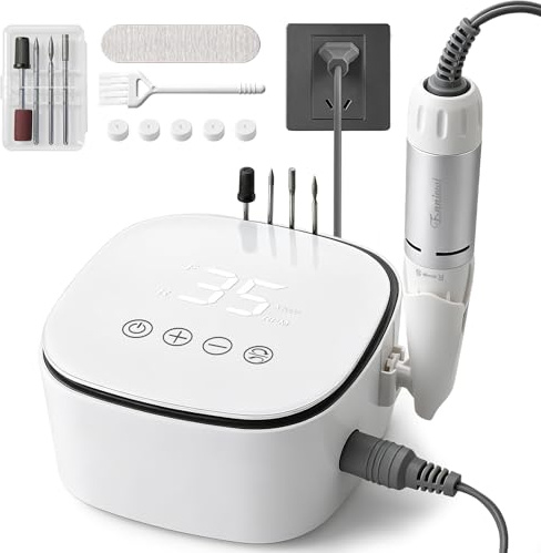 Einniewi Torno para Uñas Profesional 35000RPM, Lima Uñas Electrica con Botones Táctiles y Pantalla HD LED Digital, Nail Drill Kit Manicura y Pedicura, Quitar Acrílico Gel/Esmalte/Callos, Blanco