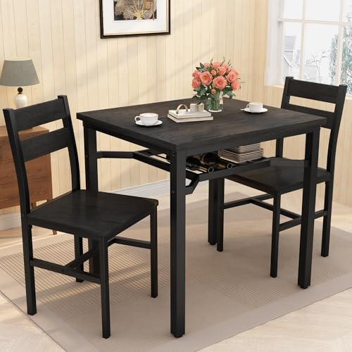 HOOSENG Wooden Dining Table and Chairs Set of 2, 3 Piece Dining Room Set, Small Dining Table with Storage and 2 Chairs for Kitchen/Apartment/Small Space,Black