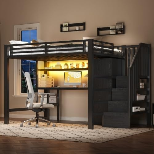 Merax Metall-Hochbett 140x200 cm mit Schreibtisch, Regal, Kleiderschrank und Stauraumtreppe, Schwarz – Modernes Design, Viel Stauraum und LED-Beleuchtung für Jugendzimmer & Kinderzimmer