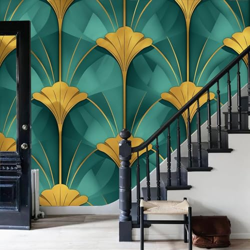 WunM Studio Fresque Murale Intissée Motifs géométriques décoratifs feuilles de ginkgo de style rétro vert foncé Papier Peint Panoramique Décoration Salon Chambre Bureau 150x105cm Non Autocollant