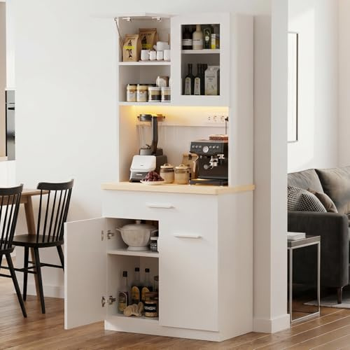 Devoko Küchenschrank mit Arbeitsplatte & Steckdose, Buffetschrank LED Soft-Close, Vorratsschrank Höhenverstellbar Verstärkte Rückwand, Mehrzweckschrank Küche Wohnzimmer, Weiß