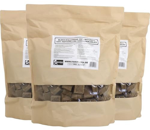 Famiflora - Cubes d'allumage bruns en vrac - 3 x 1 kg (600 pièces) - Allume-feu écologiques - Pour poêles à bois, cheminées et barbecues - Un feu rapide et fiable sans effort