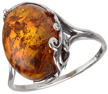 Holiday Gift Shops Sterling Silver Baltic Honey Amber Ring for Women – Genuine Natural Amber Oval Cabochon, 925 Silver, GIA Certified