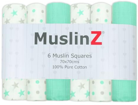 Muslinz Baby-Musselintücher, quadratisch, mullwindeln 100% Baumwolle, 70 x 70 cm, Minz-Sterne, 6 Stück