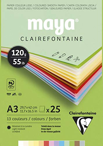 Clairefontaine 975333C - Malblock verleimt mit 25 Blatt Maya Zeichenpapier, glatt 29,7x42 cm 120g, Pastell farbig sortiert (12 Farben + 1 weiß )