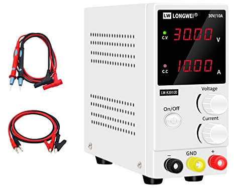 LONGWEI Fuente de alimentación de Laboratorio 30v 10a, Fuente de alimentación de Laboratorio, Fuente de alimentación DC con Pantalla LED de 4 dígitos, con 4 Cables para multímetro, Fuente de
