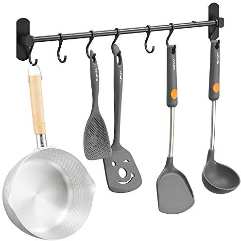 Hakenleiste ohne Bohren, Küchenleiste mit 7 Haken, küchenstange mit Patentierter Kleber + Selbstklebender Kleber, Aluminium, Matte Finish (Schwarz)