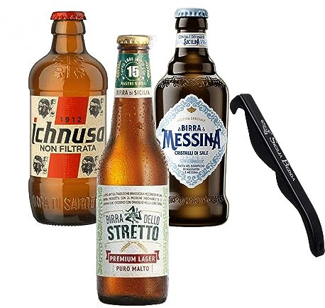 Sicilia Bedda - BOX DEGUSTAZIONE BIRRA ITALIANA - Birra dello Stretto Premium - Birra Ichnusa non Filtrata - Birra Messina Cristalli di Sale - 24 Bottiglie da 33 CL. con Apribottiglia Sicilia Bedda
