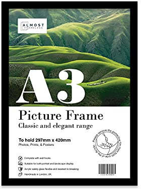 Almost Frameless A3 Black Picture Frame, Fits A3 (29.7 x 42cm - 11.7 x 16.5in) Poster, Photo, or Print. Portrait and Horizontal Wall Hooks