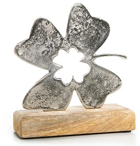 Deko-Figur Kleeblatt: Dekofigur zum Hinstellen, Glücksbringer Skulptur Metall & Holz, Geschenk Hochzeit & Geburtstag, Dekoration Wohnzimmer & Flur, Dekofiguren Modern, Holzdeko, Glück, 16,5 x 15 cm
