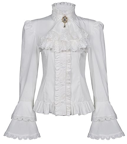 Mingyuezai Victorian Blouse Womens Gothic Pirate Shirt Vintage Long Sleeve Lotus Ruffle Tops (S, 010 White)