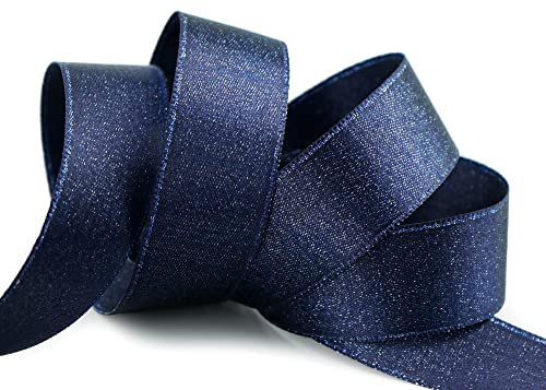 finemark 20 m x 25 mm Satinband Schimmer mit Lurex BLAU DUNKELBLAU Gold doppelseitiges Schleifenband aus Satin ohne Draht weich und glänzend Geschenkband Deko Band Dekoband Dekorieren Weihnachten