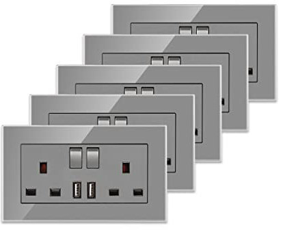 5 Pack CNBINGO Glass Double Switched Socket with 2 USB-A Charging Ports, Grey Tempered Glass Panel Wall Outlet, 2 Gang 13 Amp Electric Power Socket