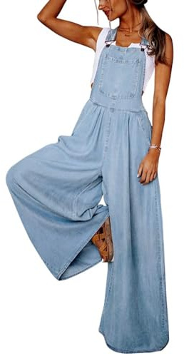 chouyatou Women's Loose Adjustable Strap Wide Leg Denim Bib Overalls Baggy Distressed Jean Overalls Pants (X-Small, Light Blue)