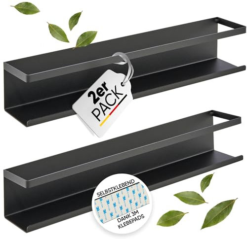 LIKAYA® Gewürzregal 2er Set – Schwarzes Metallregal für Gewürzgläser, ideal für Ankerkraut & Co. | Kein Bohren dank 3M™ Klebepads | Platzsparend, stilvoll & stabil – einfache Montage ohne Bohren!
