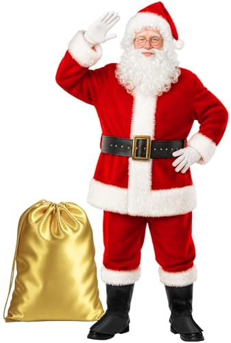 Gardentime Santa Claus Costume for Men Santa Suit Adult 10pcs Christmas Deluxe Red Outfit Xmas Holiday Party Cosplay XXL