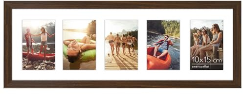 Americanflat Bilderrahmen Collage 10x15 cm Walnuss - Bilderrahmen 20x61 cm mit Passepartout für Fünf 15x10 cm Fotos - Fotorahmen für Mehrere Bilder der Familie - Verbundholz mit Bruchsicherem Glas