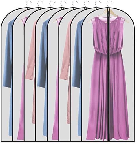 Long Dress Bags 60-inch Full Length - Translucent Plastic Garment Covers with Zip, Waterproof & Mothproof Clothing Protectors (8 Pack)