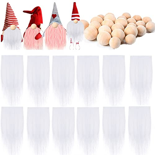 24 Stücke Kunstpelz Stoff Wichtel Bart Mit Holzkugeln Set, Osterpuppe Plüsch Wichtel Vorgeschnittener Zwergenbart, Ostern Weihnachten Deko Wichtel Bart Basteln für DIY Weihnachtsmann Wichtel Puppe