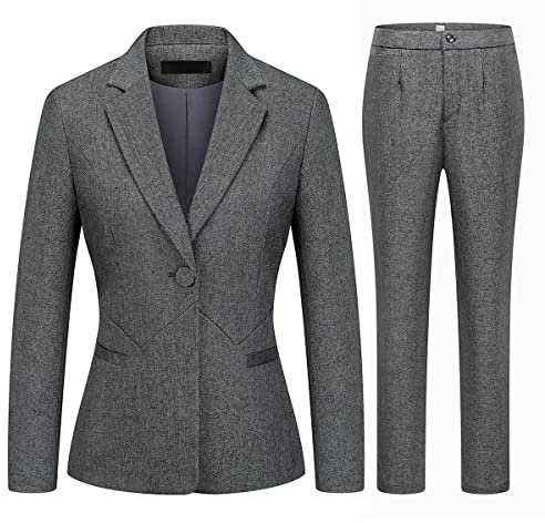 MODFUL Damen 2-teiliges Business-Anzug-Hosen-Set, schmale Passform, Ein-Knopf-Blazer-Jacke, Damen-Arbeitsanzug für Büro, GRAU, X-Klein