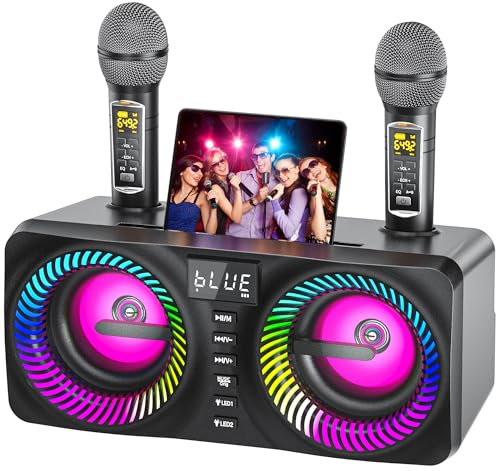 MusyVocay Tragbare Karaoke-System, Vielseitiges 30W PA-Anlage mit 2 Drahtlosen UHF-Mikrofonen und Wiederaufladbaren Steckplätzen, Komplette Karaoke Maschine für Freunde zu Hause, NT001-BLACK-US