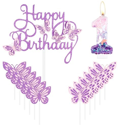 'Happy 1st Butterfly Birthday' ljus, rosa lila nummer 1 ljus med fjäril tårta cupcake topper för flickor, 1:a födelsedagstårta dekorationer, söt första födelsedagstårta dekoration för fjärilstema fest