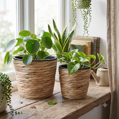 INtrenDU 2er Set Blumentopf aus Seegras rund mit Kunststoffeinsatz