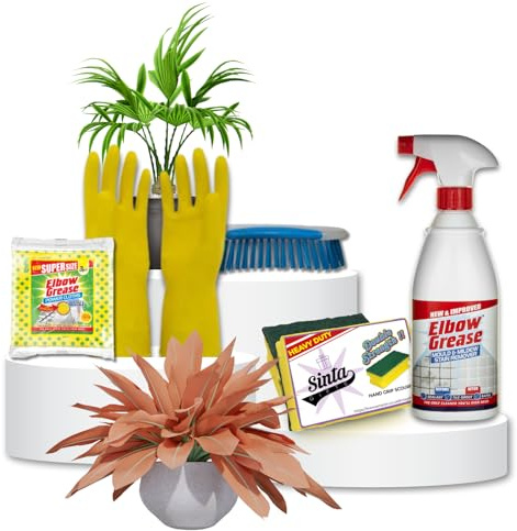 Tile Cleaner & Grout Cleaner Kit | Elbow Grease Mould and Mildew Stain Remover 700ml, 1pc of Handgrip Scourer, Antibacterial Rubber Gloves, Tile Brush, & Power Cloth 3pk | Cleaning Bundle