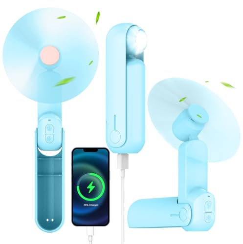 NONLOCK 4 IN 1 Portable Mini Handheld Fan,Personal Foldable Cooling Travel Fan, Pocket Hand Fan for Face Lash,Desk Fan,Flashlight,Summer Concerts Camping, Birthday Gifts for Women Mom (Light blue)