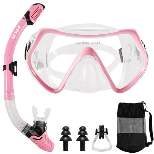 APLOS Schnorchelset Erwachsene, Schnorcheln Set mit Taucherbrille und Trocken Schnorchel,Anti-Fog Anti-Leck Schnorchelmaske aus Gehärtetem Glas,für Schnorcheln, Schwimmen und Tauchen-Rosa