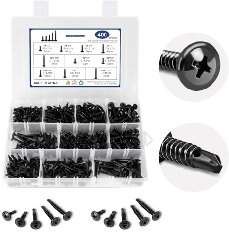 400Pcs Self Tapping Screws for Metal,410 Stainless Steel #8#10 Self Drilling Screws Assortment Set,1/2 to 1-1/4 Length Black Sheet Metal Screws for Building, Metal, Wood, and Plastic