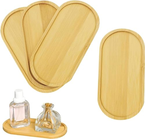 KiKiHong Lot de 4 plateaux ovales en bois, petit plateau en bambou, pour sous-verres, sushis, café, gâteaux, collations 17,5 x 8,8 x 1 cm