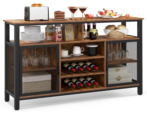 TANGZON Storage Cabinet, Wooden Kitchen Sideboard with Wine Racks, Glass Holders, Open Shelves & Metal Mesh Doors, Freestanding Dining Living Room Console Table Buffet Cupboard (Rustic Brown+Black)